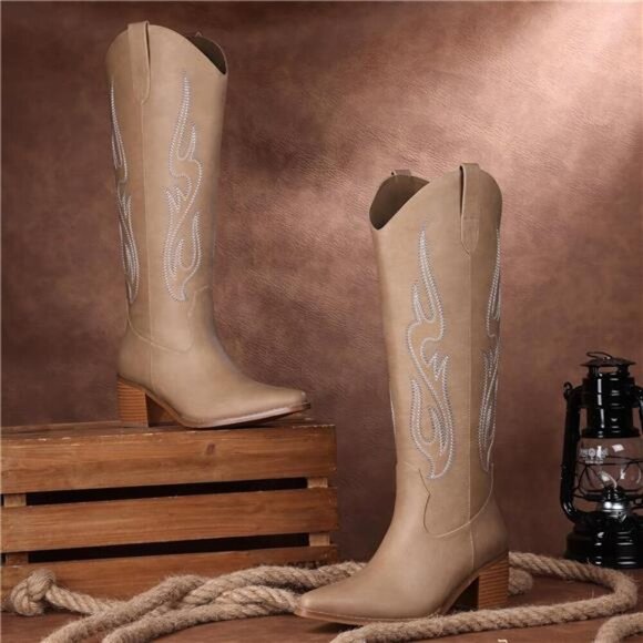 NEW  Western Cowboy Boots for Women - Knee High Wide Calf Cowgirl Boots - Picture 5 of 6